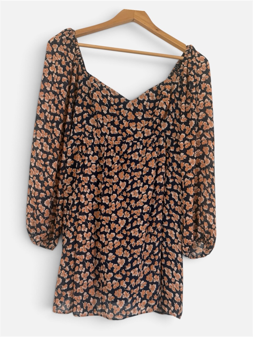 A&F petite Floral Long-Sleeve Square Neck Mini Dress - Black & Peach